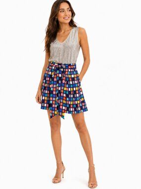 Modern Amusement Silk Grid Print Tie-Waist Skirt Medium Multicolor Purple